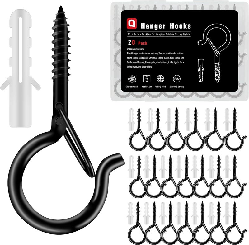 KULOLO Black Screw Hooks with Safety Lock - 2.3" Rustproof Metal Ceiling Hooks for Hanging Plants, Baskets,String Lights & Outdoor Decor, 40LB Capacity (20 Pack,Includes Storage Case & Plastic Caps) - Image 1
